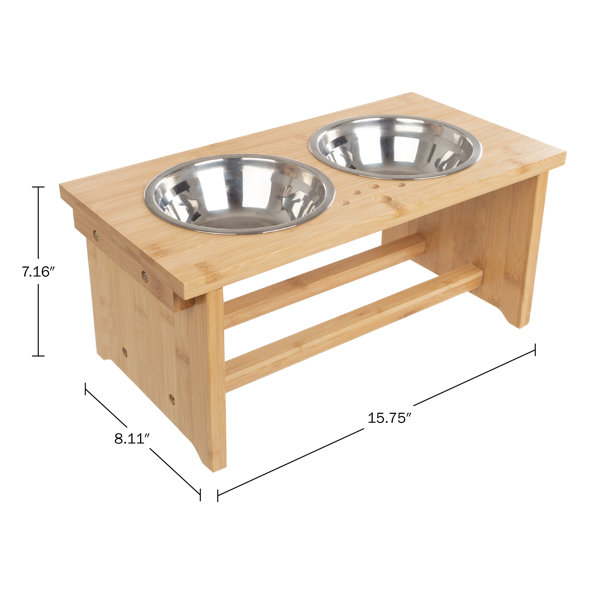 Elevated Dog Bowls With Stand 7 Inch Nonslip Bamboo Dog Feeder With 2 Stainless Steel Dog Bowls Hold 20Oz Each And Dishwasher Safe By PETMAKER